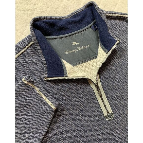 Tommy Bahama Mens XL Blue Herringbone 1/2 Zip Long Sleeve Cotton Sweater -C95 - Picture 1 of 13